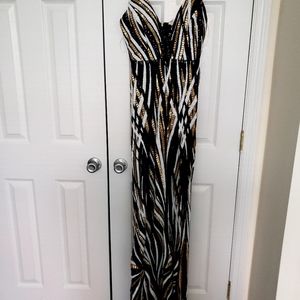 Gold, black and white sequins maxi dress